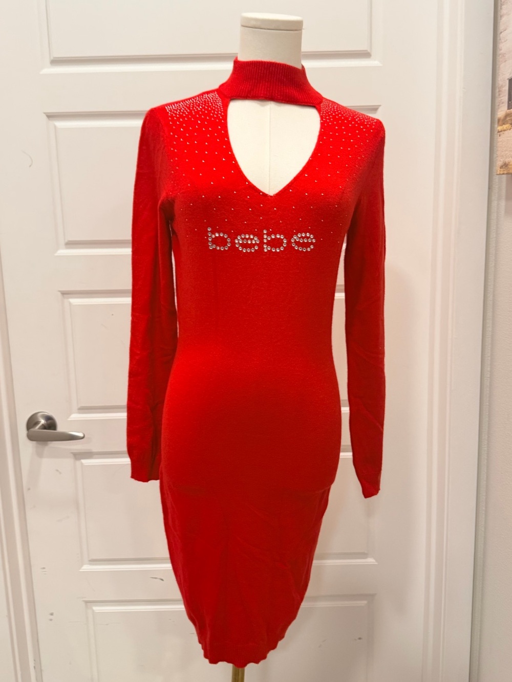 bebe Red Rhinestone Logo Cutout Long Sleeve Dress